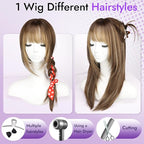 Wig with Bangs for Women Black Straight Face-Framing Layers Hairstyle 4x4 Realistic Scalp Glueless Synthetic Wigs Medium Length for Everyday Use
