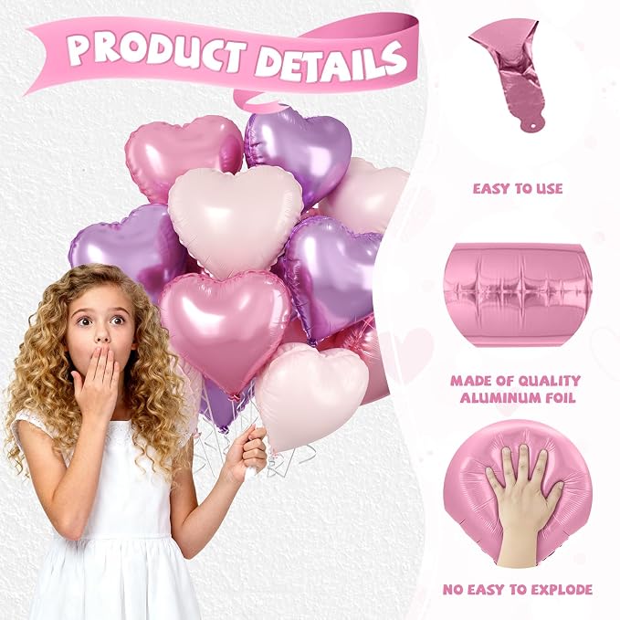 Pink Purple Heart Balloons, 18 Inch Pastel Foil Balloons - Image 3