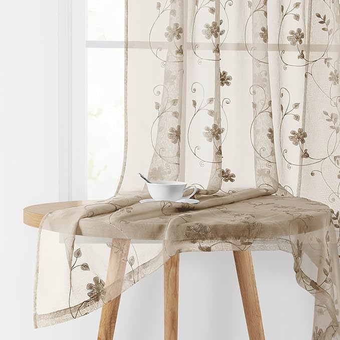 HOMEIDEAS Taupe Sheer Curtains 63 Inches Length 2 Panels Beige Embroidered by HOMEIDEAS