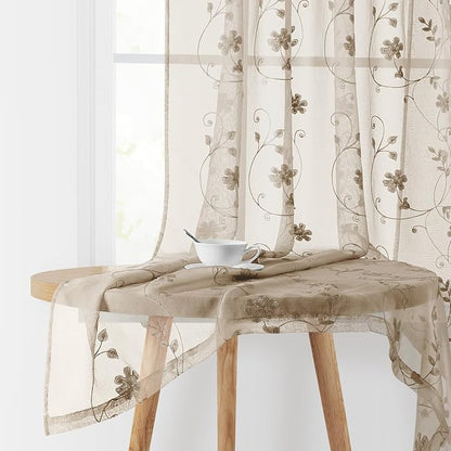 HOMEIDEAS Taupe Sheer Curtains 96 Inches Long 2 Panels Beige Embroidered Floral by HOMEIDEAS