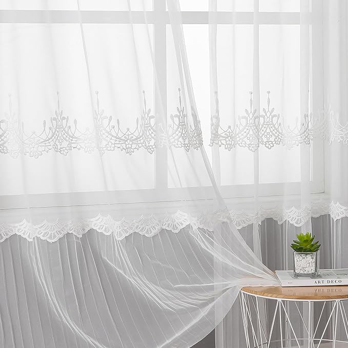 White Sheer Voile Curtains White Embossed European 54Wx84L Inch | Light - Image 5