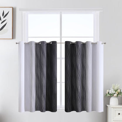 Black and Greyish White Ombre Short Blackout Kitchen Curtains 36 Inch Long - Image 2