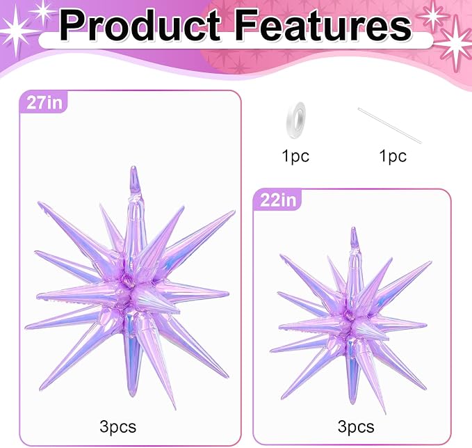 9Pcs Iridescent Purple Star Balloons, Large Explosion Foil Balloons, - Image 2