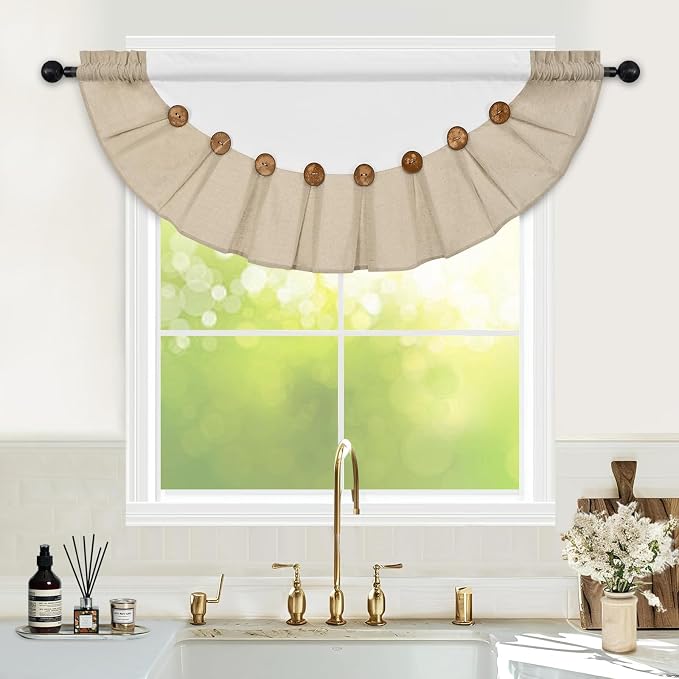 Farmhouse Valance Curtains, Boho Cotton Linen Kitchen Valance, Rustic Button - Image 3