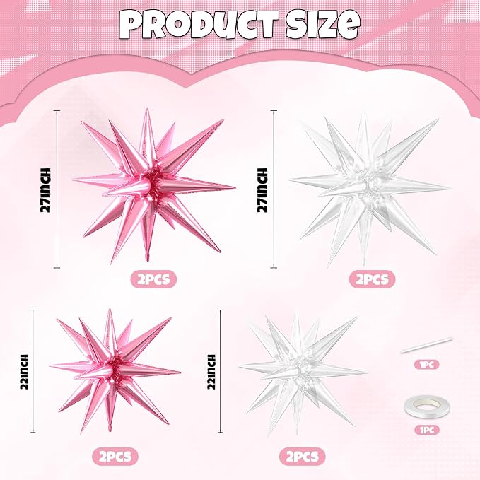 Pink Star Balloons, 22/27 Inch Transparent Star Foil Balloons, Cone Spike - Image 2