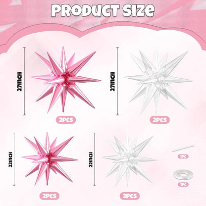 Pink Star Balloons, 22/27 Inch Transparent Star Foil Balloons, Cone Spike - Image 2