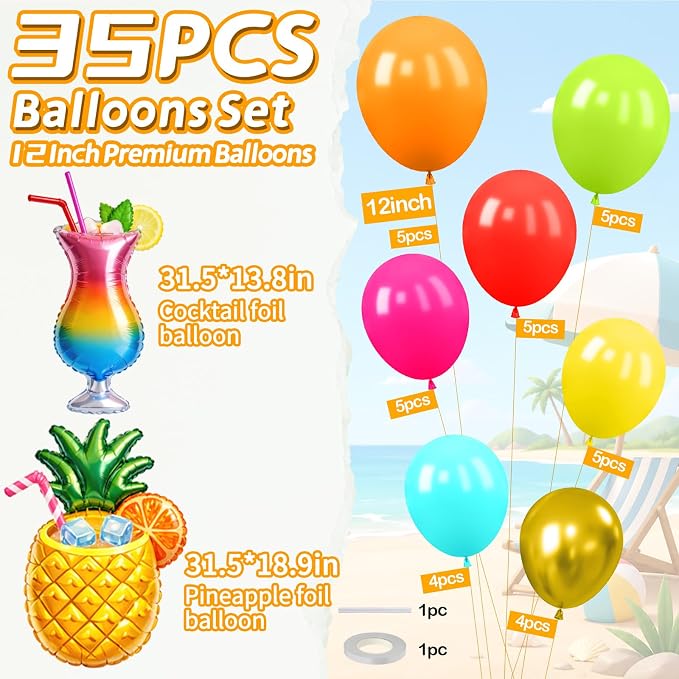 Tropical Balloons, 12 Inch Colorful Hawaiian Balloons - Image 2