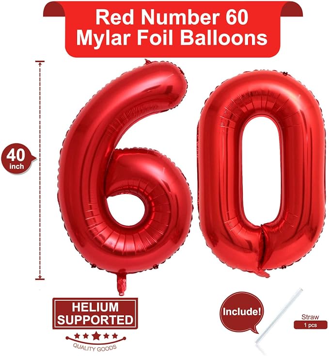 40 Inch Red Number 60 Balloons Giant 60 Balloons Red Birthday 60 Balloons 60 - Image 2