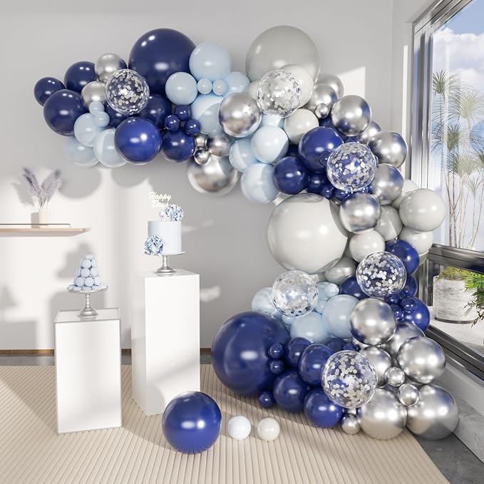 140 Pack Silver Navy Gray Macaron Blue Balloons Garland Arch Kit by MOXMAY