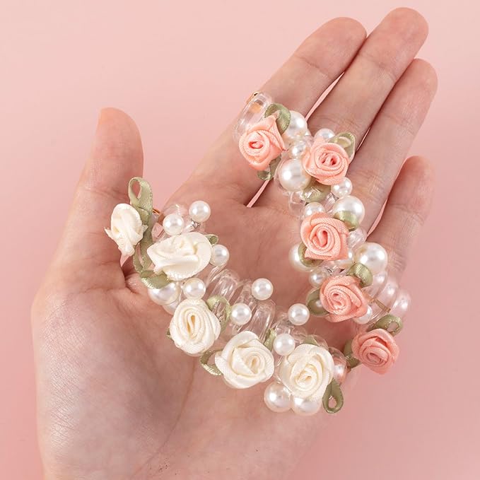 4PCS Rose Bead Spiral Hair Ties, 2 Colors Floral Phone Cord Ponytail Holders for Women, Elegant Rubber Hair Coils, Stylish Hair Accessories for Party, Daily Use - White, Pink Flower