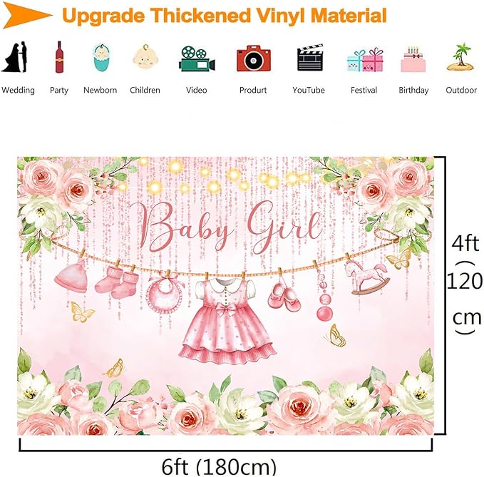 InMemory Baby Girl Baby Shower Backdrop Pink Floral Baby Shower Decorations - Image 5
