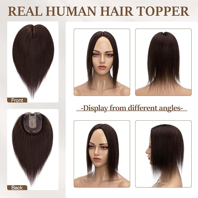 Rich Choices Hair Toppers for Women Real Human Hair 100% Human Remy Toppers NO Bangs for Women with Thinning on Top Clip in Hairpiece 4"x4.7"Lace Base 8 Inch #2 Dark Brown