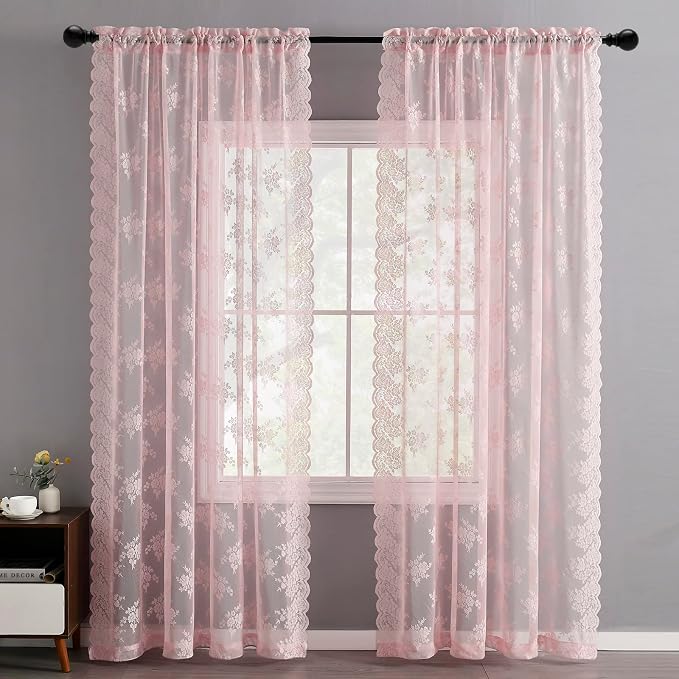 Kotile Pink Floral Lace Curtains - Image 2