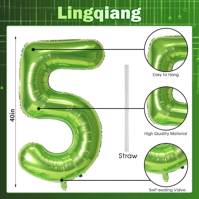 Green Number 5 Balloon for Girls Boys, 40 Inch Large Number 0-9 Foil Mylar - Image 2