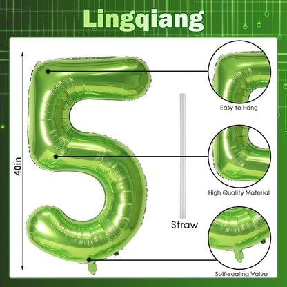 Green Number 5 Balloon for Girls Boys, 40 Inch Large Number 0-9 Foil Mylar - Image 2