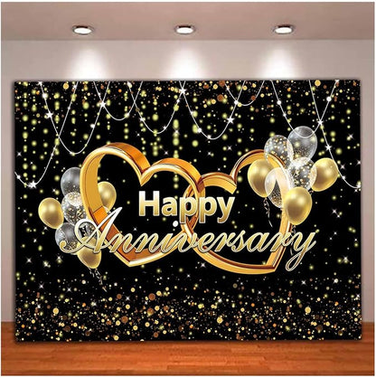 Happy Anniversary Backdrop Black and Gold Balloons Photography Background Poster by Qian