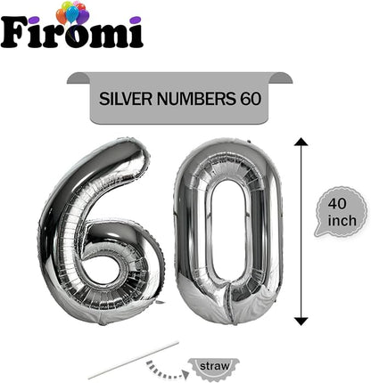FIROMI 60 Number Balloons Silver Big Foil Mylar 60th Balloon Numbers 40inch | - Image 2