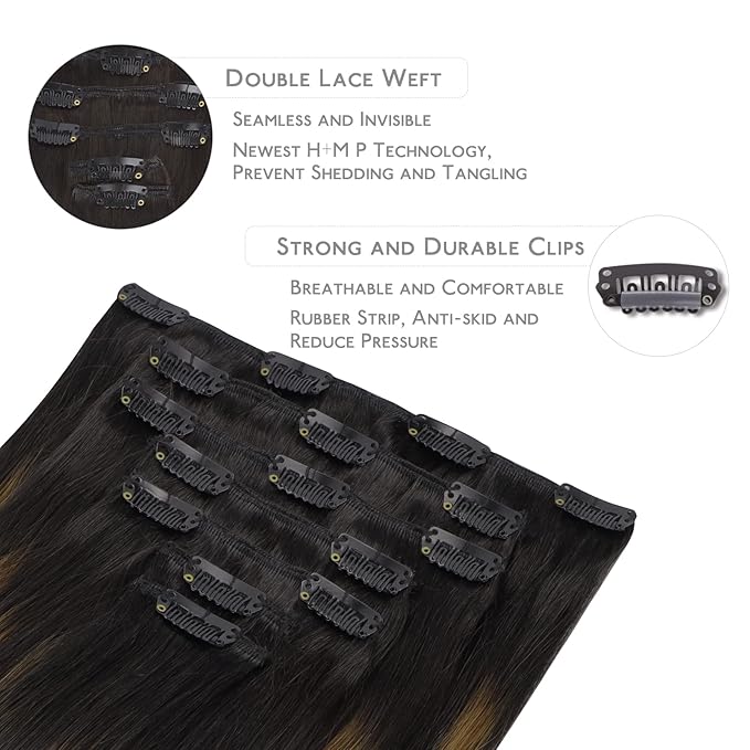 WENNALIFE Clip in Human Hair Extensions, 16 Inch 120g 7pcs Natural Black to Chestnut Brown Balayage Hair Extensions Clip In Human Hair Remy Clip in Hair Extensions Real Human Hair Double Weft