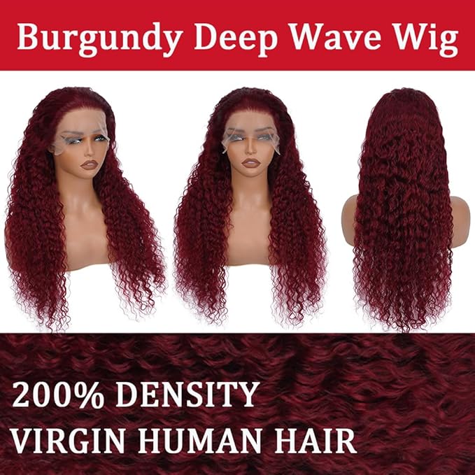 36 Inch 13x6 Deep Wave Burgundy Lace Front Curly Red Frontal Wigs Human Hair For Women Red Deep Wave Human Hair 200 Density Burgundy HD Lace Front Wigs Pre Plucked