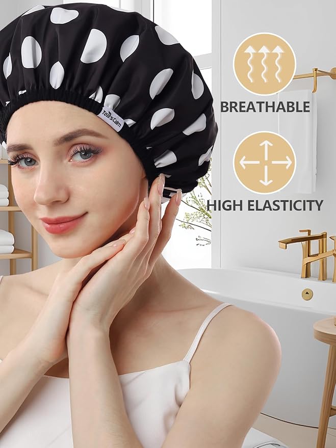 Years Calm Shower Caps For Women Reusable Waterproof，Pattern And Solid Color Dual-Layer Design For Dual-Layer Usable，Protects Hair In Shower, Spa, Cooking, Clean & Travel (Black, One Size)
