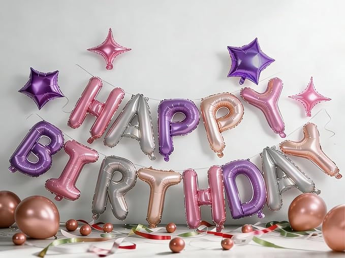 Pink Purple Happy Birthday Balloons Banner Sign Mylar letter Party decor | - Image 2