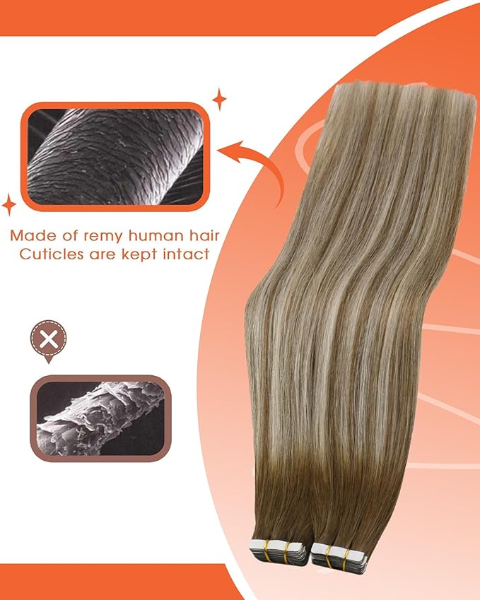 Sunny Hair Tape in Hair Extensions Real Human Hair Invisible Remy Hair Extensions Tape ins for Women Medium Brown Ombre PLatinum Blonde Balayage 14 inch 25G