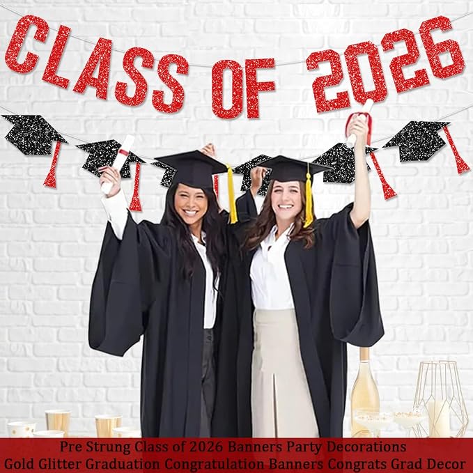 Pre Strung Graduation Decorations Class of 2026 Banner Red Glitter College - Image 2