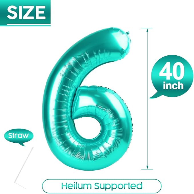6 Balloon - Teal Birthday Number Balloons, 40 Inch Decorations Men Women | Teal - Image 5