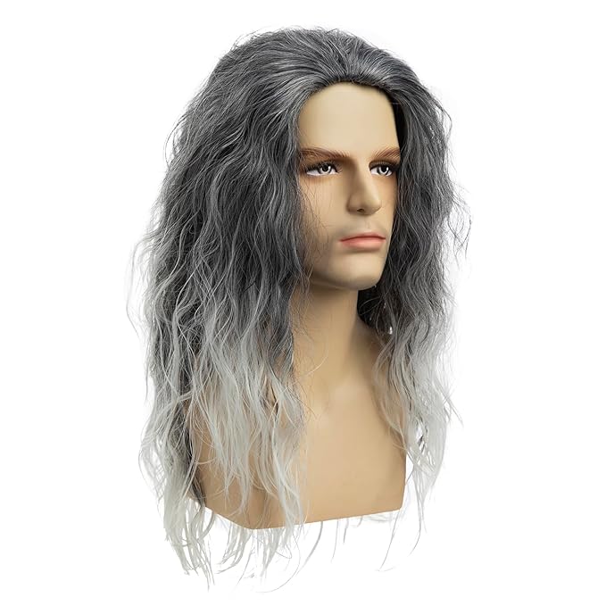 Baruisi Long Curly Wavy Grey Wigs for Men Synthetic Natural Party Halloween Cosplay Hair Wig