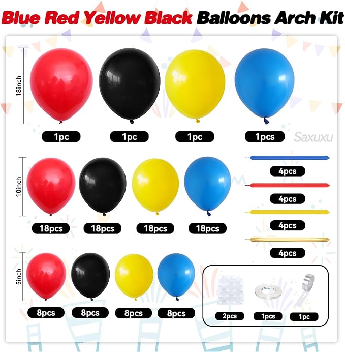 Blue Red Yellow Black Balloon Arch Kit, Long Balloons - Image 2