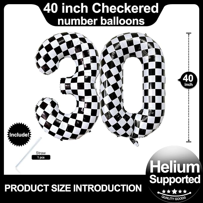 LHOAVWE Number 30 Checkered Balloons 40 Inch Giant Race Car Checkered 30 Number - Image 2