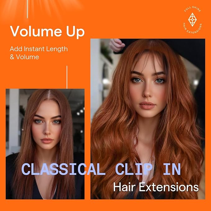 Full Shine Copper Clip in Hair Extensions Human Hair 16 Inch Copper Red Hair Extensions Clip ins for Quince 7 Pcs 120 G