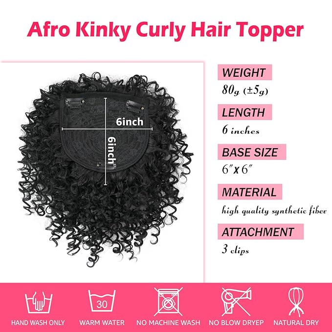 Natural Afro Kinky Curly Short Hair Toppers With Bangs - Black Clip-in Synthetic Wiglets for Men and Women With Thinning Hair - Instant Volume and Style