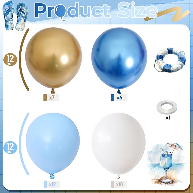 Blue and Gold Balloons, 12 Inch Pastel Baby Blue Metallic Blue Metallic Gold - Image 2