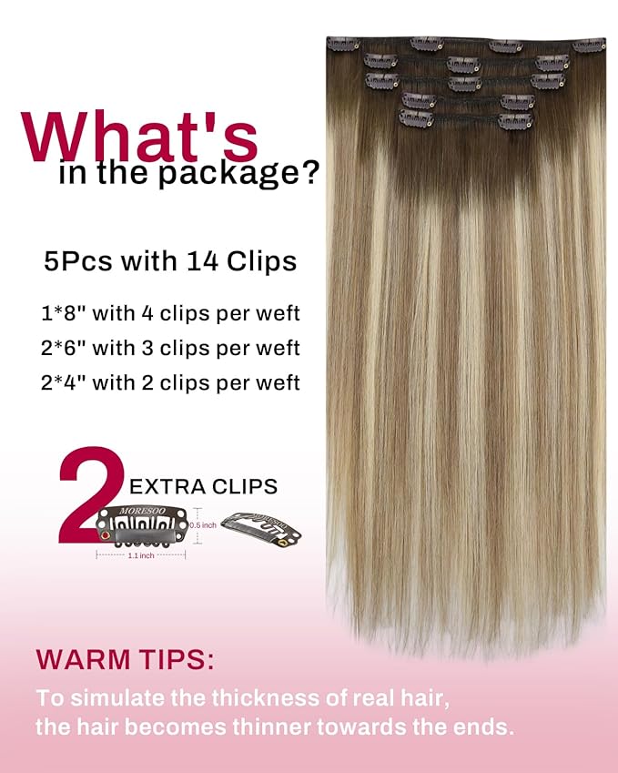 Moresoo Clip in Hair Extensions Remy Double Weft Human Hair Clip in Extensions Balayage Straight Hair Extensions for Women Ombre Brown to Light Brown with Blonde 5pcs 80g 10inch