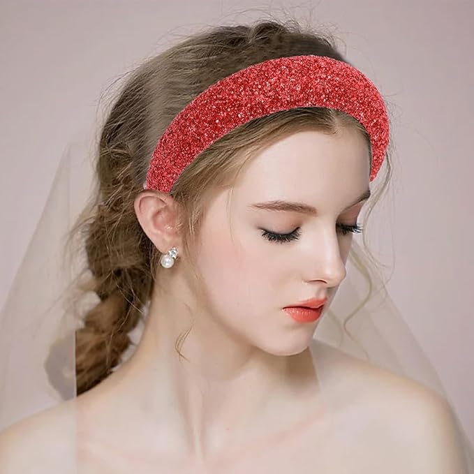 Red Sparkle Headband for Women Bling Wide Headbands Fashion Glitter Head Band Comfortable High Elastic Hairband Hair Hoop Hair Accessories for Women