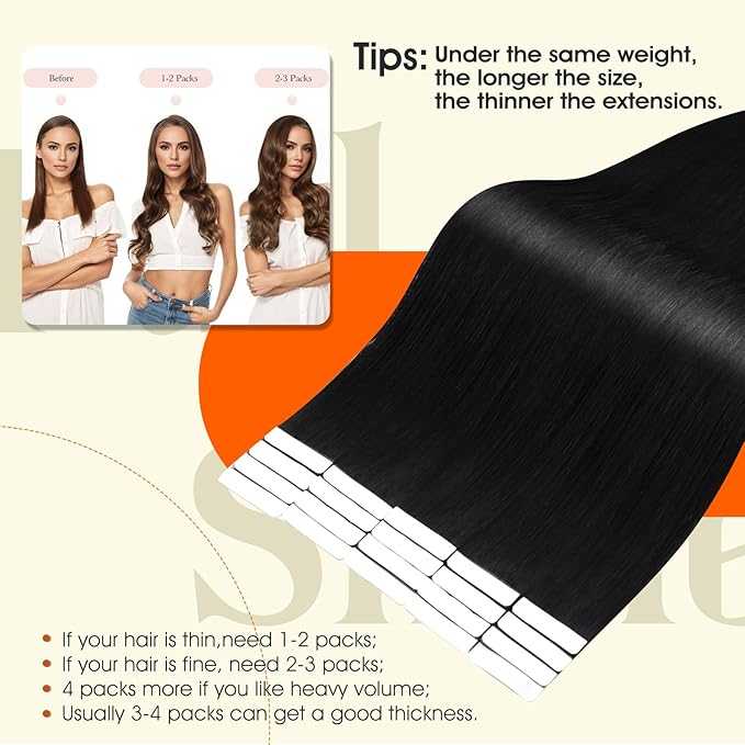 Full Shine Injected Tape ins Human Hair Extensions 16Inch Color 1 Jet Black Tape in Hair Extensions 40Gram 20PcsMachine Remy Skin Weft Seamless for Women Add Volume