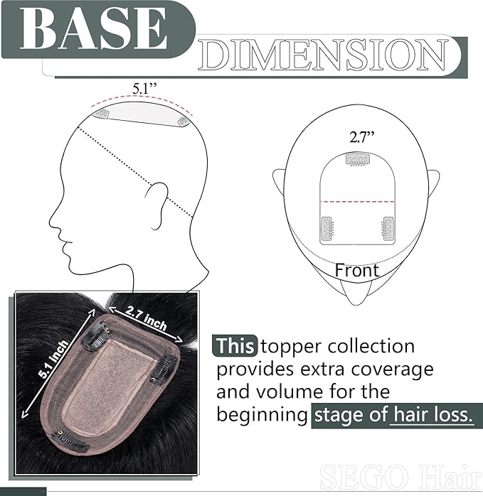 SEGO Hair Toppers for Women Real Human Hair with Thinning Hair, Toppers Hair Pieces Clip in Toppers Straight Hair Pieces with Front Bangs 150% Density Silk Base -6 Inch #1 Jet Black