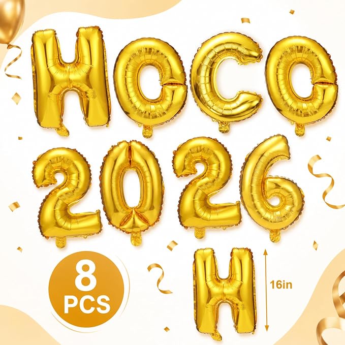 8 Pcs HOCO 2026 Foil Letter Balloons, 16 Inch Gold Alphabet Balloon Banner - Image 2