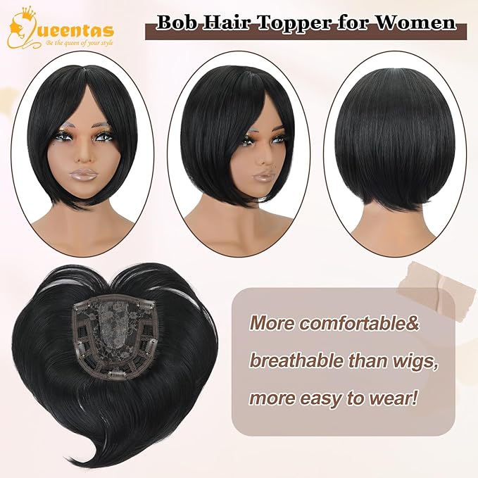 QUEENTAS Black Hair Topper for Women with Thinning Hair Pieces 6"*6"Large Coverage 360°3D Cover Silver Synthetic Short Bob with 5 Clips in Wiglets(Natural Black)