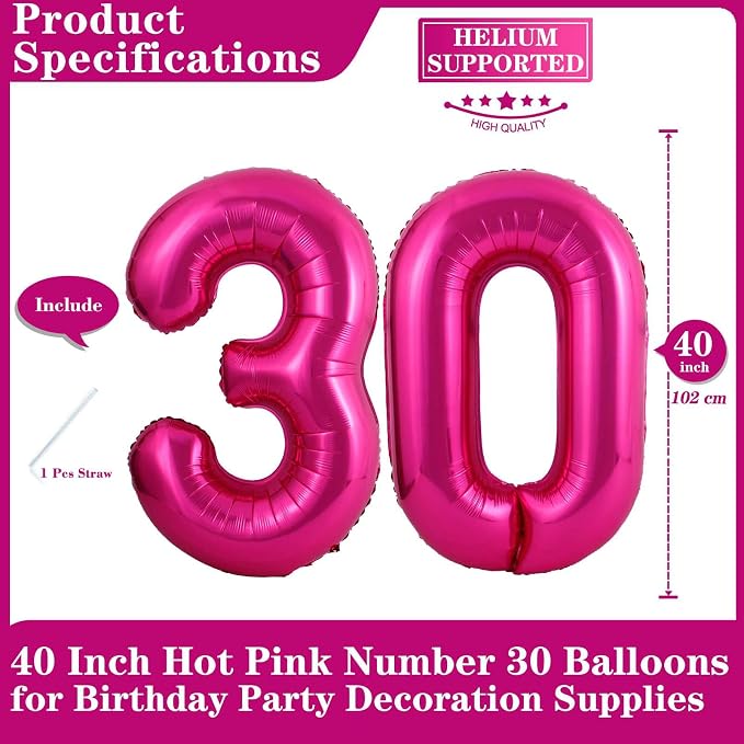 Hot Pink 30 Number Balloons, 40 Inch Giant Number 30 Balloons Foil Mylar Helium - Image 2