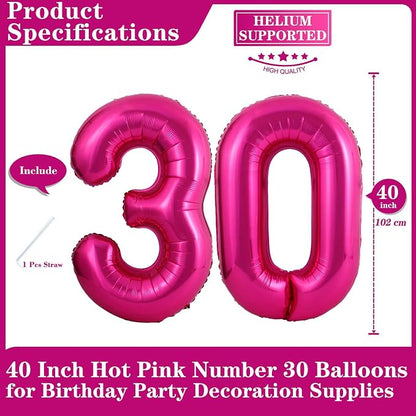 Hot Pink 30 Number Balloons, 40 Inch Giant Number 30 Balloons Foil Mylar Helium - Image 2
