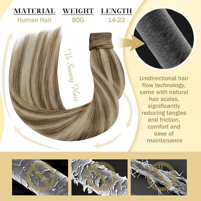 Ve Sunny Hair Extensions Ponytail Real Human Hair Wrap Around Clip in Ponytail Hair Extensions Straight Extensions Human Hair for Women Light Brown Highlights Platinum Blonde 22inch 80G