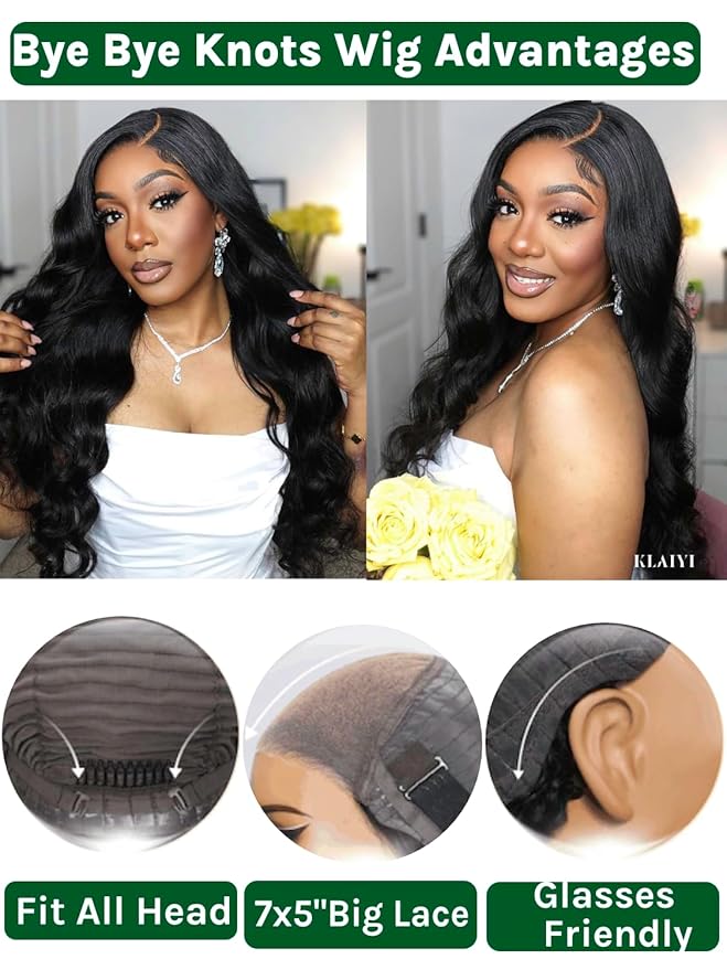 KLAIYI Body Wave Bye Bye Knots Glueless Wig 7x5 Pre Cut Lace Front Wigs Human Hair Wear and Go Wigs for Beginners Pre Bleached Pre Plucked Pre Everything 3S Easy to Ready to Wear Loose Wave Wig 26Inch