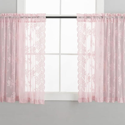 Kotile Short Pink Lace Curtains Rustic Floral W42 x L45 Inch, 2 Panels | Rod - Image 5