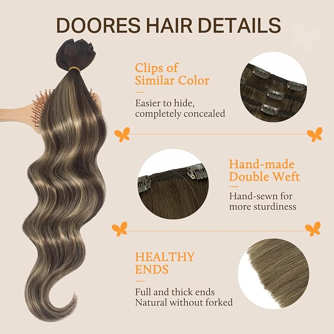 DOORES Clip in Human Hair Extensions Balayage Chocolate Brown to Honey Blonde 20 Inch 7pcs 120g Real Hair Extensions Clip in Straight Thick Natural Remy Hair Extensions