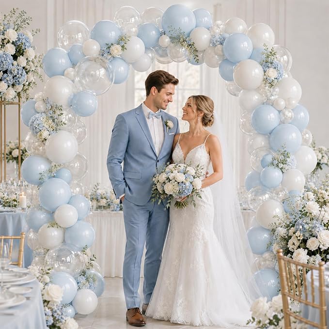 Blue and White Balloons, 12 Inch Blue White Clear Balloon, Pastel Blue Pearl - Image 6