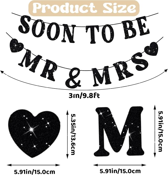 Soon To Be Mr & Mrs Sign, Bridal Shower Banner, Pre-Strung Black Glitter - Image 2