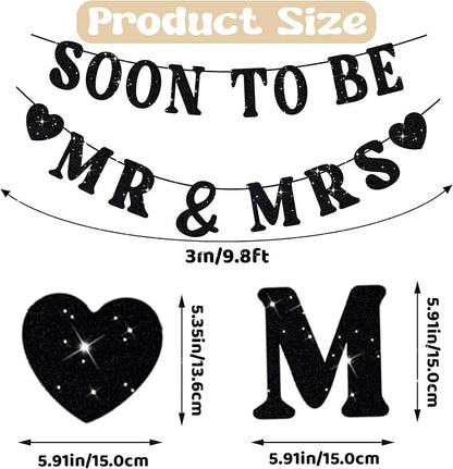 Soon To Be Mr & Mrs Sign, Bridal Shower Banner, Pre-Strung Black Glitter - Image 2