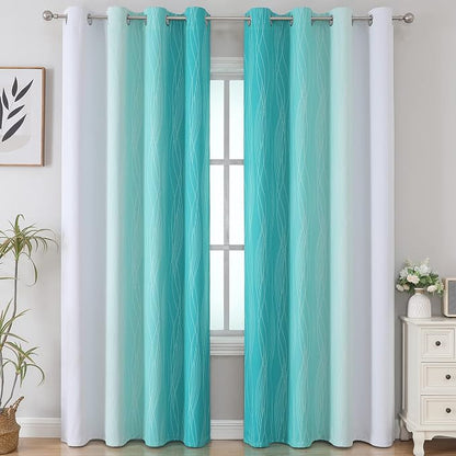 Teal and Greyish White Blackout Curtains 102 Inch Length 2 Panels Set, Thermal - Image 2